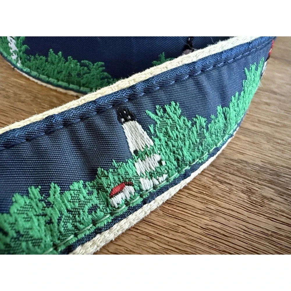 VTG Woven Ribbon Belt Lighthouse Pine Trees Cream Canvas Brass Buckle 36